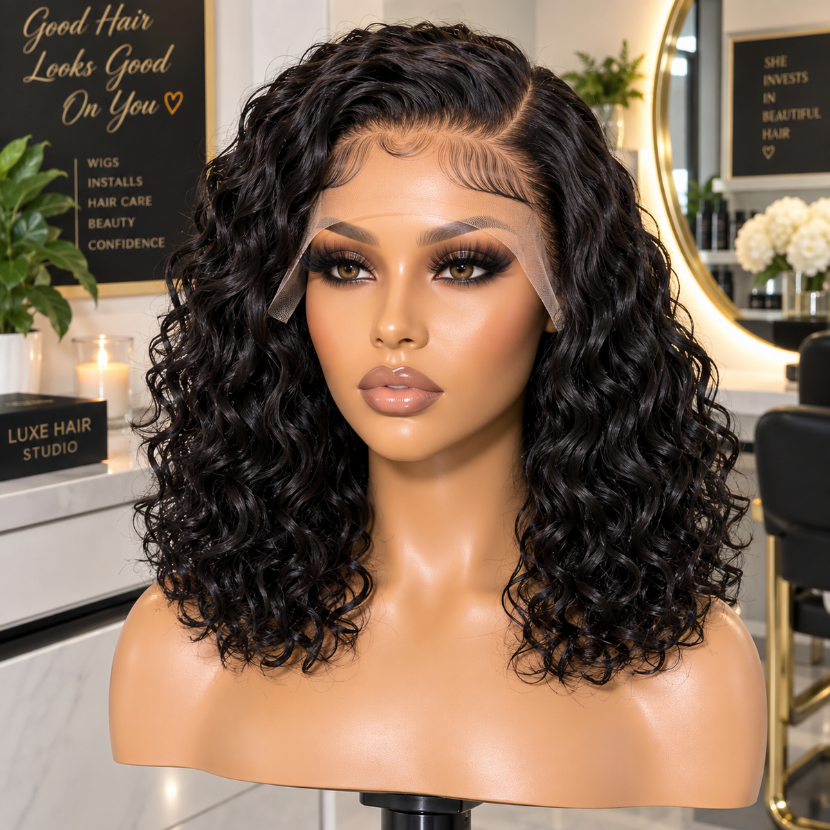 13×4 Lace Front Human Hair Bob Wig – Defined Water Wave 14″ – Natural Black Clessenza Beauty Store