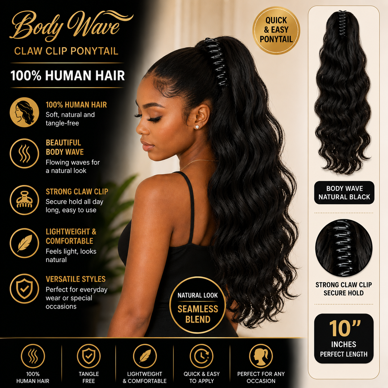 Extension Ponytail Body Wave à pince griffe en cheveux humains 100 % naturels