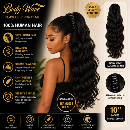 Extension Ponytail Body Wave à pince griffe en cheveux humains 100 % naturels
