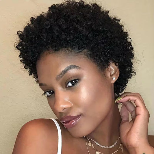 Short Pixie Cut Human Hair Wig – Kinky Curly – 4″ – Natural Black – 150% Density Clessenza Beauty Store