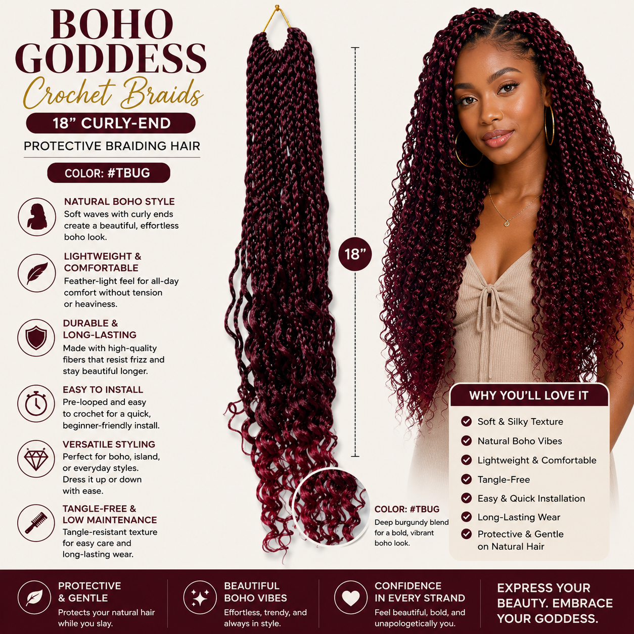 Boho Goddess crochet braids with product details and a model wearing the hair.