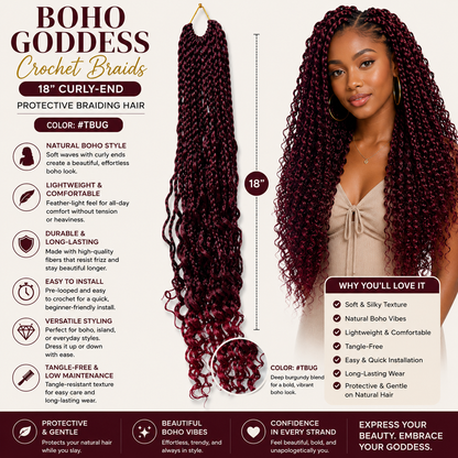 Boho Goddess crochet braids with product details and a model wearing the hair.