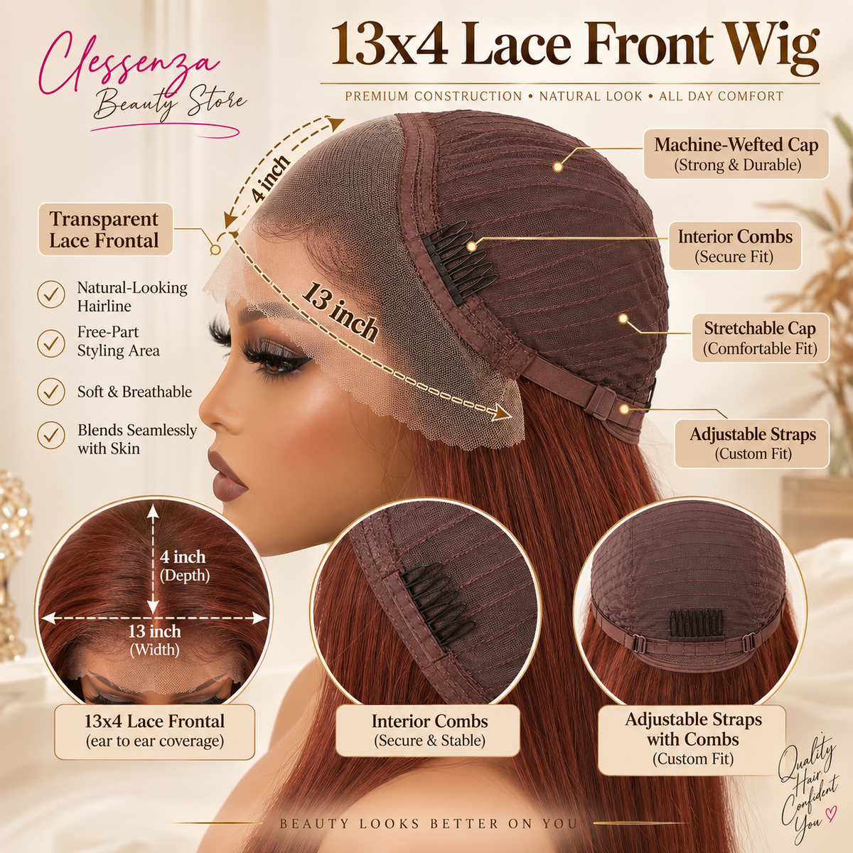 13×4 Lace Front Human Hair Wig – 30″ Straight – #33 Auburn Brown – 150% Density Clessenza Beauty Store