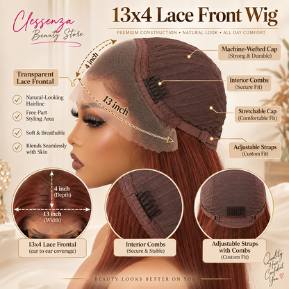 13×4 Lace Front Human Hair Wig – 30″ Straight – #33 Auburn Brown – 150% Density Clessenza Beauty Store