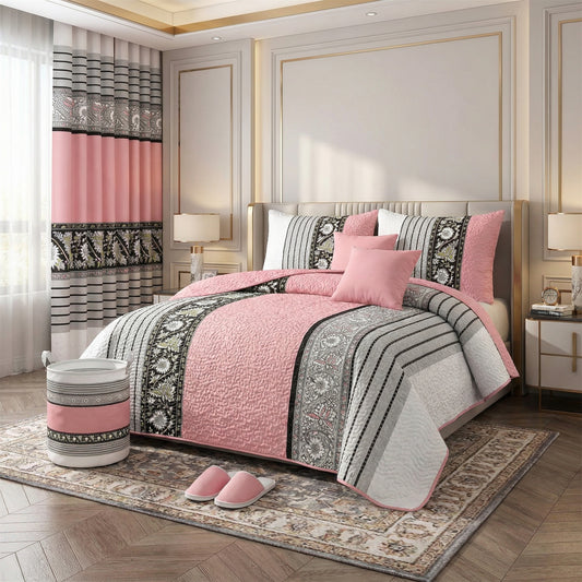Lilianna 24-Piece King Size Bedding Set with Matching Curtains – Blush Pink Ornamental Luxury Collection