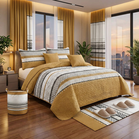 Lilianna 24-Piece King Size Bedding Set with Matching Curtains – Caramel Brown Geometric Luxury Collection