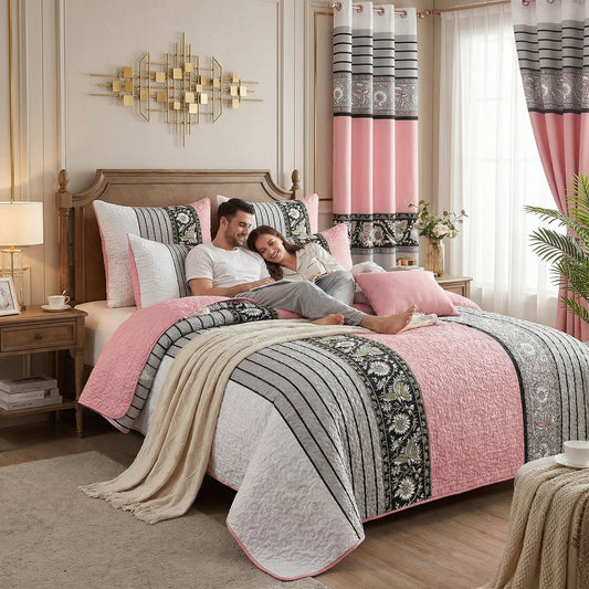 Lilianna 24-Piece King Size Bedding Set with Matching Curtains – Blush Pink Ornamental Luxury Collection