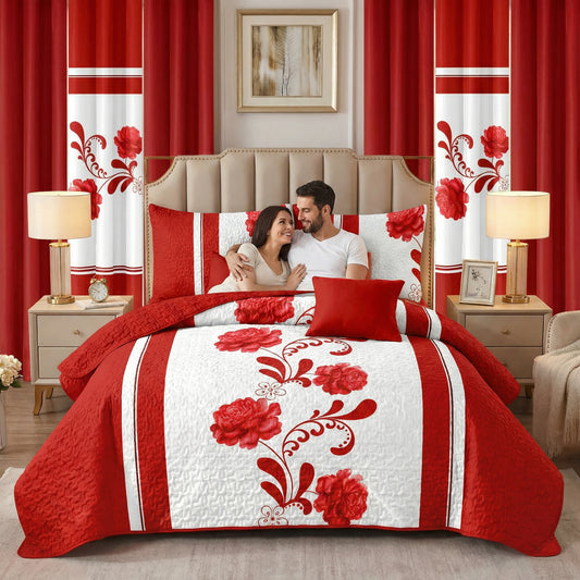 Lilianna 24-Piece King Size Bedding Set with Matching Curtains – Red Rose Floral Luxury Collection