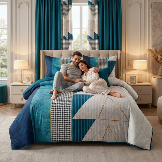 Lilianna 24-Piece King Size Bedding Set with Matching Curtains – Modern Blue Geometric Luxury Collection