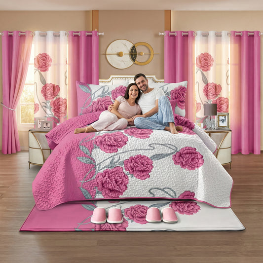 Lilianna 24-Piece King Size Bedding Set with Matching Curtains – Pink Rose Floral Luxury Collection