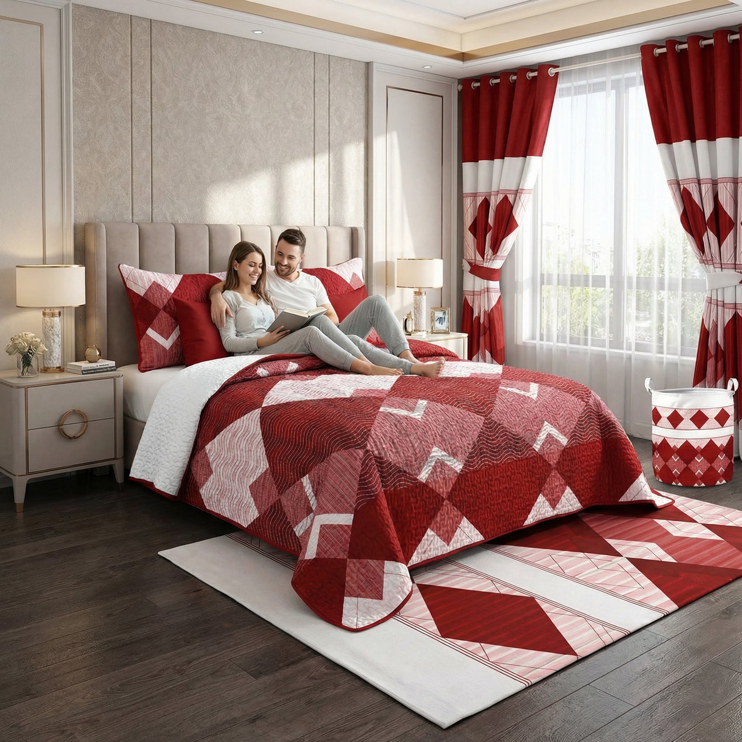 Lilianna 24-Piece King Size Bedding Set with Matching Curtains – Crimson Diamond Luxury Collection