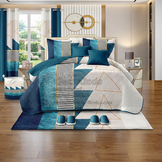 Lilianna 24-Piece King Size Bedding Set with Matching Curtains – Modern Blue Geometric Luxury Collection