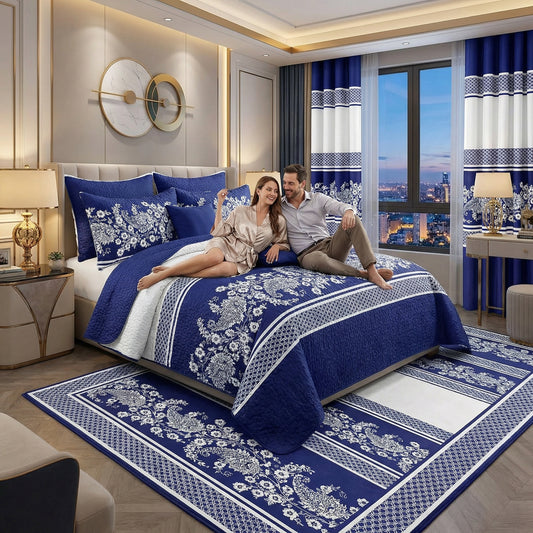 Lilianna 24-Piece King Size Bedding Set with Matching Curtains – Royal Blue Floral Luxury Collection