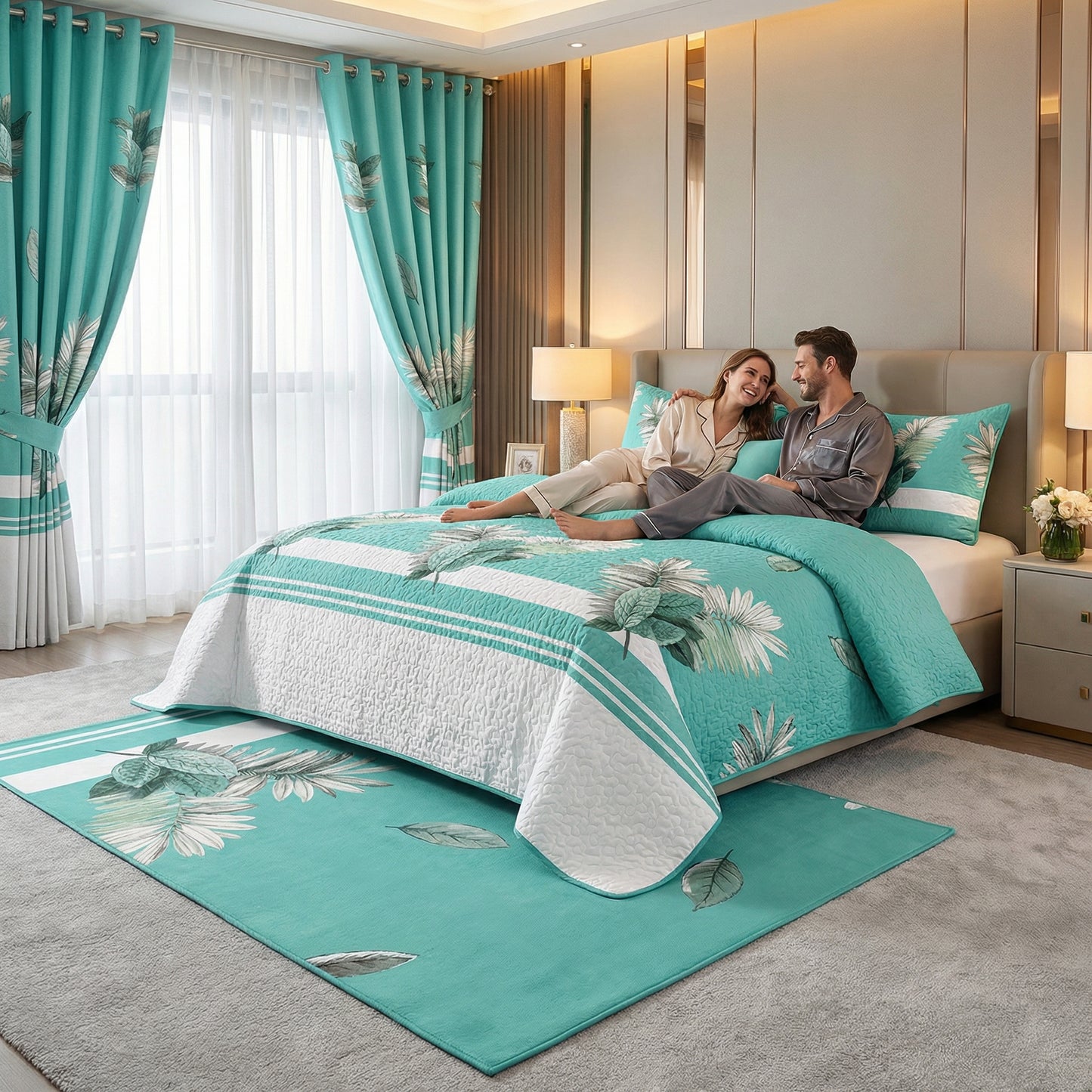 Lilianna 24-Piece King Size Bedding Set with Matching Curtains – Aqua Tropical Leaf Luxury Collection