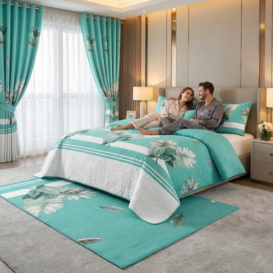Lilianna 24-Piece King Size Bedding Set with Matching Curtains – Aqua Tropical Leaf Luxury Collection