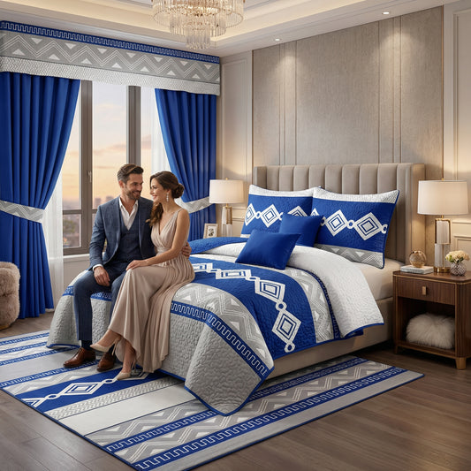 Lilianna 24-Piece King Size Bedding Set with Matching Curtains – Royal Blue Geometric Luxury Collection