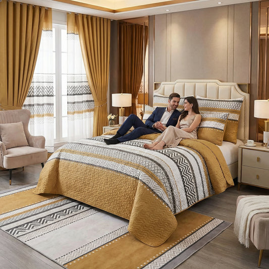 Lilianna 24-Piece King Size Bedding Set with Matching Curtains – Caramel Brown Geometric Luxury Collection