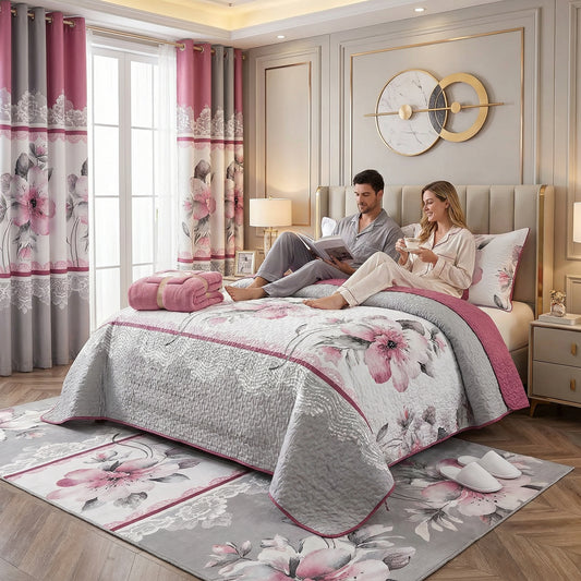 Lilianna 24-Piece King Size Bedding Set with Matching Curtains – Blush Pink Floral Luxury Collection