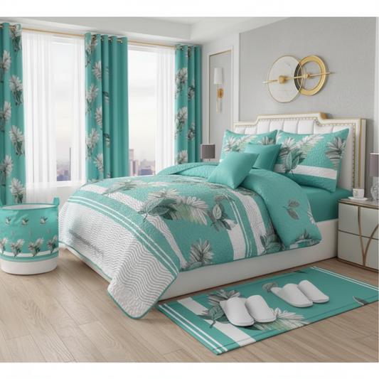 Lilianna 24-Piece King Size Bedding Set with Matching Curtains – Aqua Tropical Leaf Luxury Collection