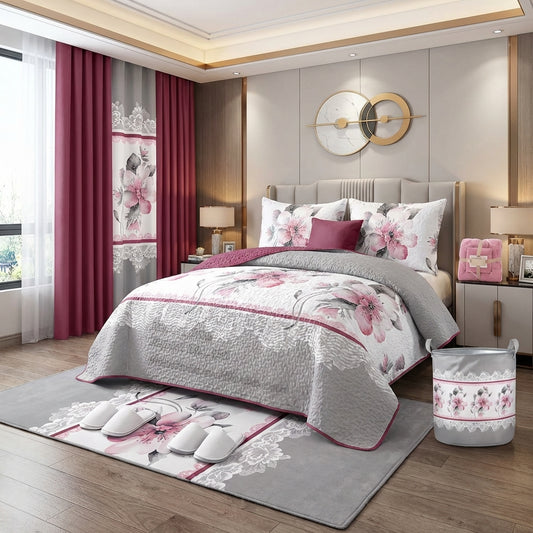 Lilianna 24-Piece King Size Bedding Set with Matching Curtains – Blush Pink Floral Luxury Collection