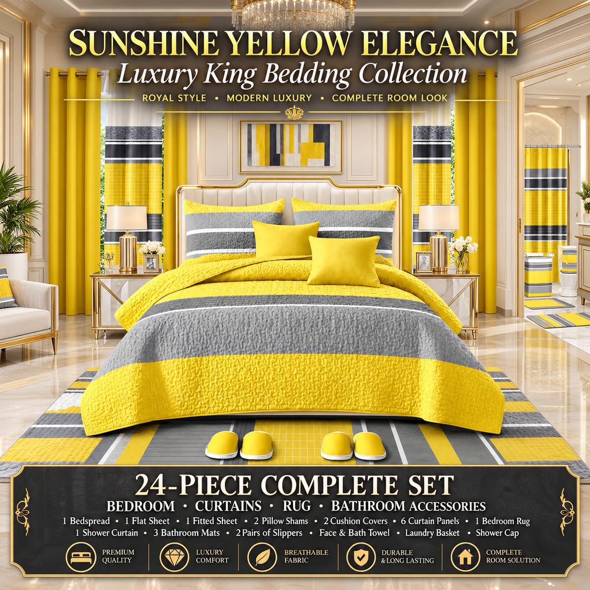 24-Piece Luxury King Size Bedding Set with Matching Curtains & Bathroom Accessories – Sunshine Yellow & Gray Modern Elegance Clessenza Beauty Store
