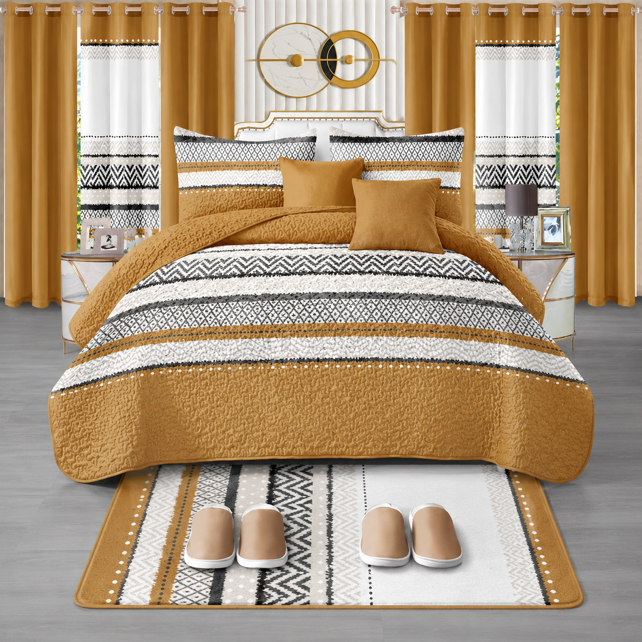 Ensemble de Literie Luxe Géométrique Brun 24 Pièces King avec Rideaux et Accessoires de Salle de Bain