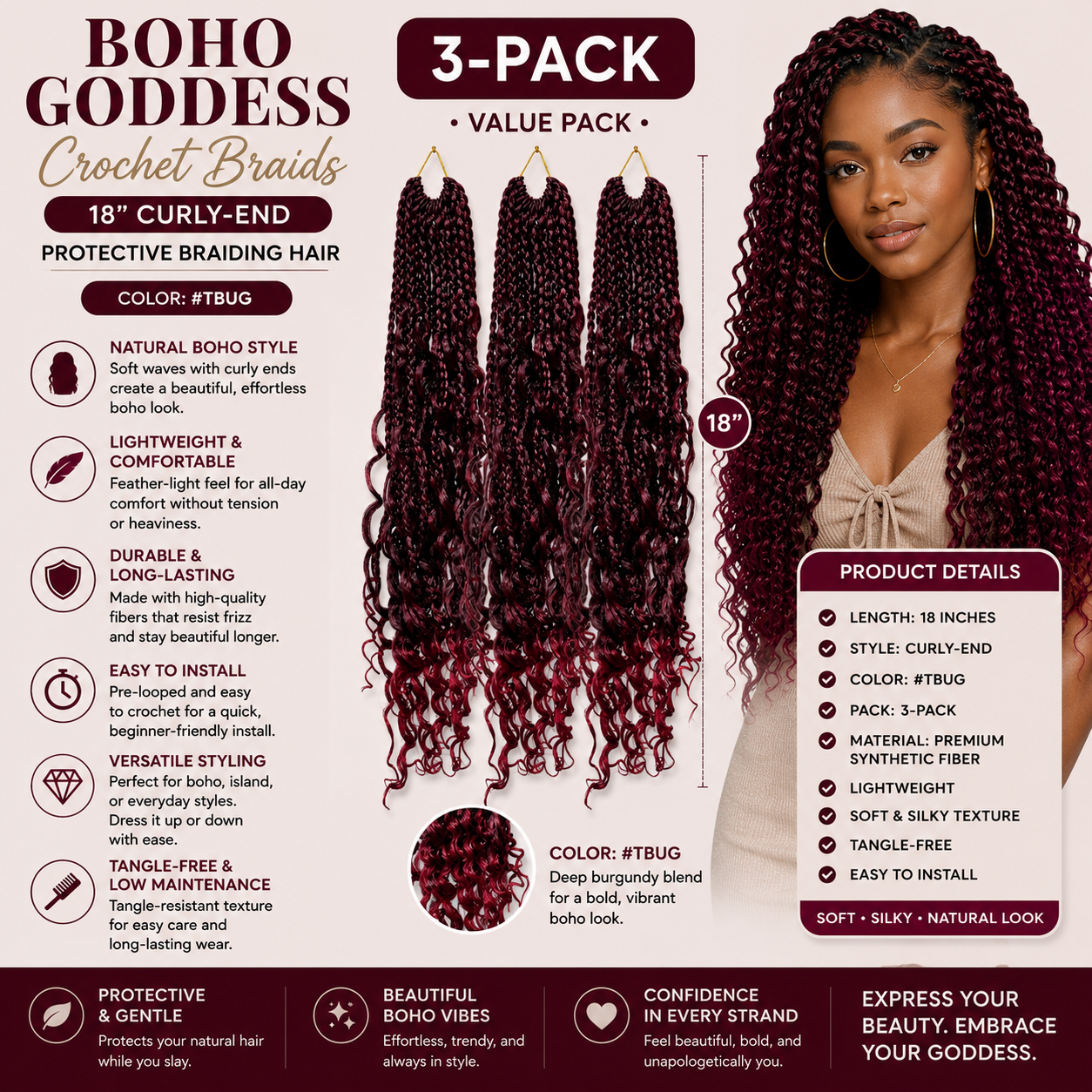 Boho Goddess Crochet Braids 18" – Curly-End Protective Braiding Hair #TBUG, 3-Pack