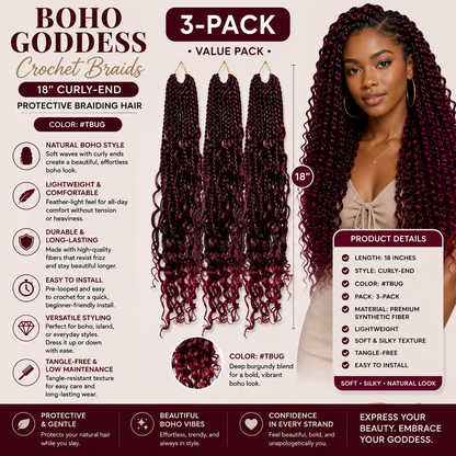 Boho Goddess Crochet Braids 18" – Curly-End Protective Braiding Hair #TBUG, 3-Pack