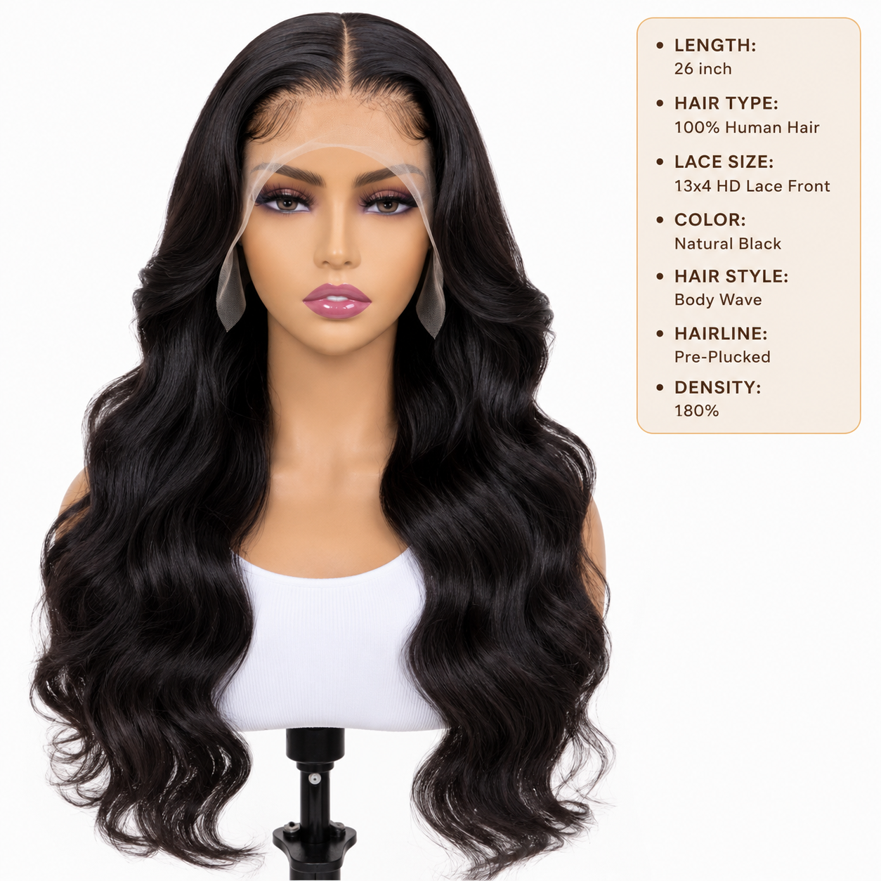 26″ Body Wave 13x4 HD Lace Front Human Hair Wig – Natural Black, Pre-Plucked, 180% Density Clessenza Beauty Store