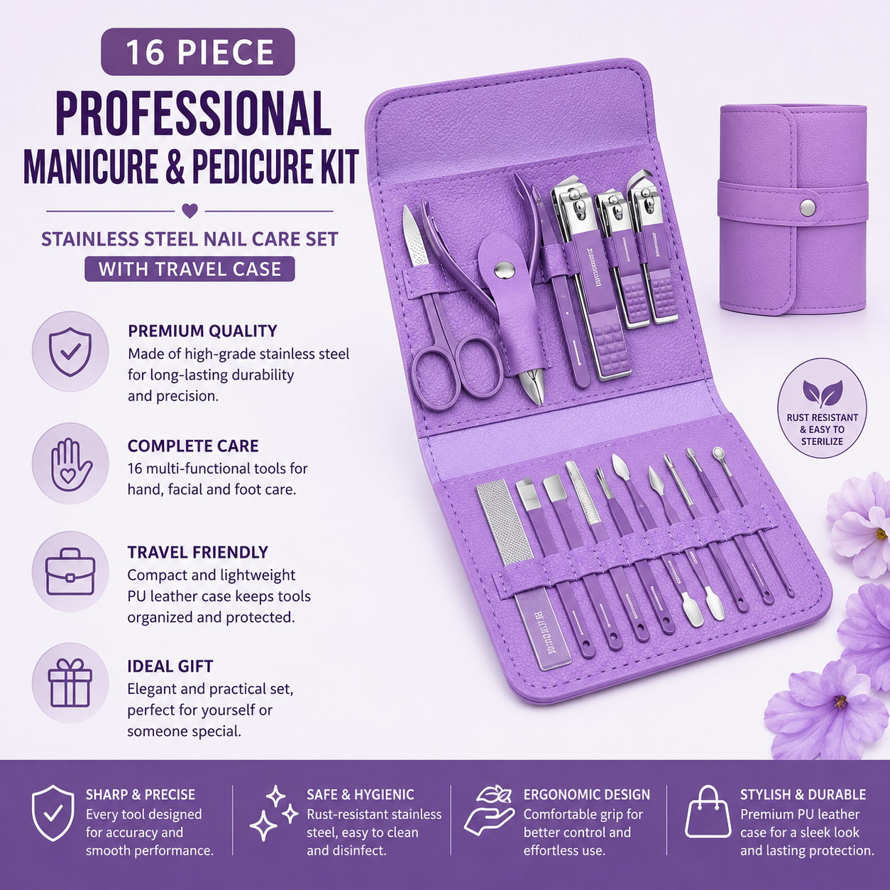 16 Piece Professional Manicure & Pedicure Kit – Stainless Steel Nail Care Set with Travel Case