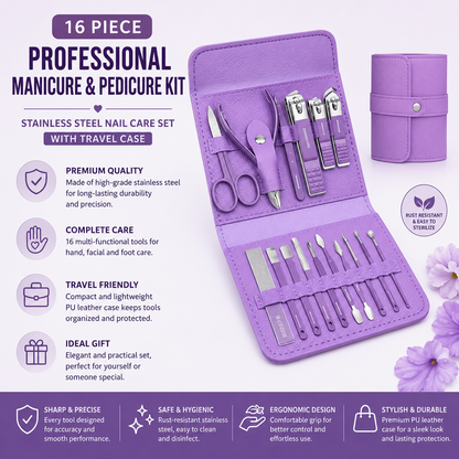 16 Piece Professional Manicure & Pedicure Kit – Stainless Steel Nail Care Set with Travel Case