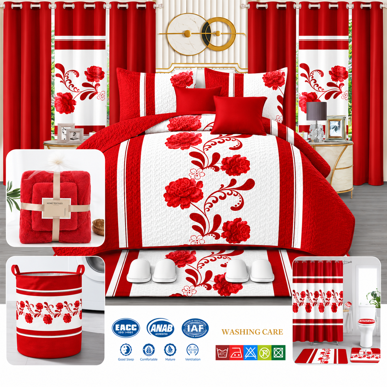 24-piece king size luxury bedding set featuring a red floral comforter, matching curtains, decorative cushions, shower curtain, bathroom mats, towels, slippers, laundry basket, and coordinated bathroom accessories.