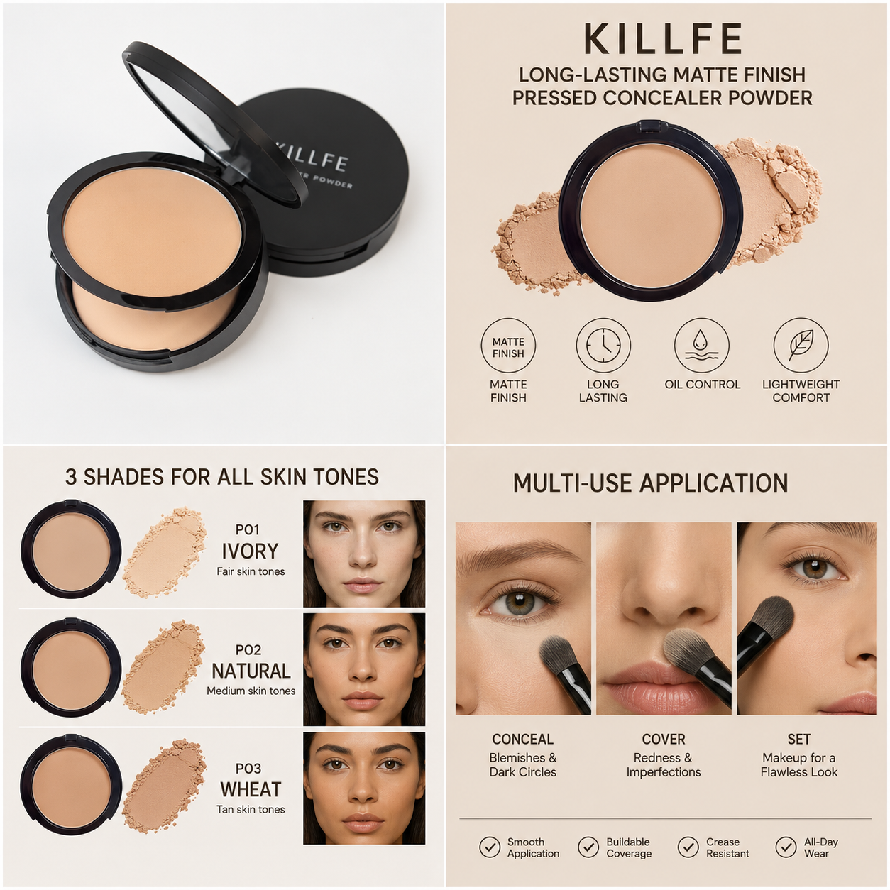 Poudre Compacte Correctrice Matifiante Longue Tenue KILLFE