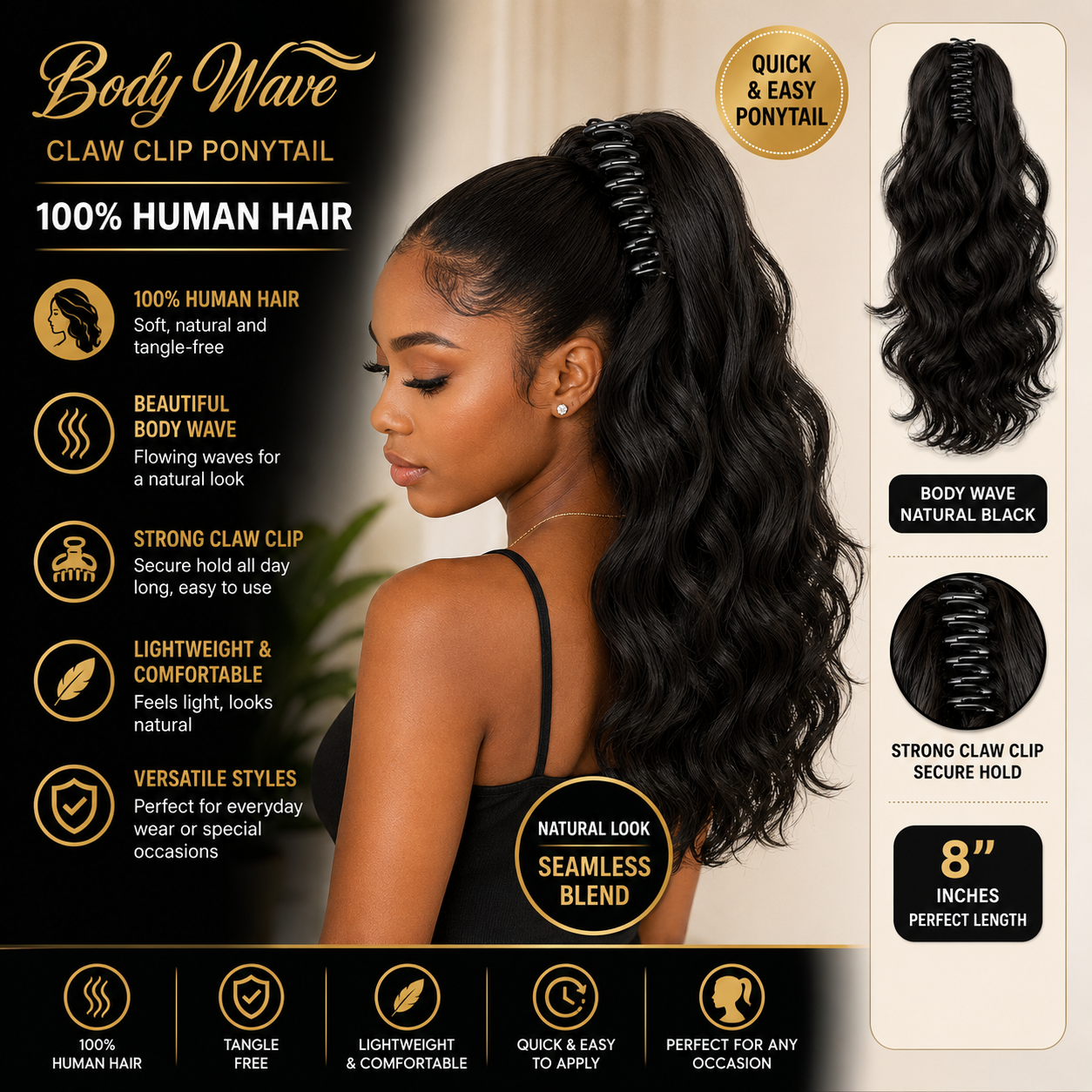 Product advertisement for Body Wave Claw Clip Ponytail with a woman wearing it, featuring text on 100% human hair and product features.