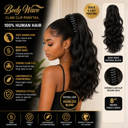 Product advertisement for Body Wave Claw Clip Ponytail with a woman wearing it, featuring text on 100% human hair and product features.