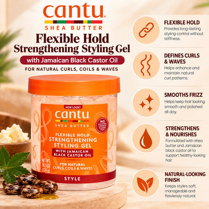 Cantu – Shea Butter Flexible Hold Strengthening Styling Gel with Jamaican Black Castor Oil, 18.5 Oz Cantu