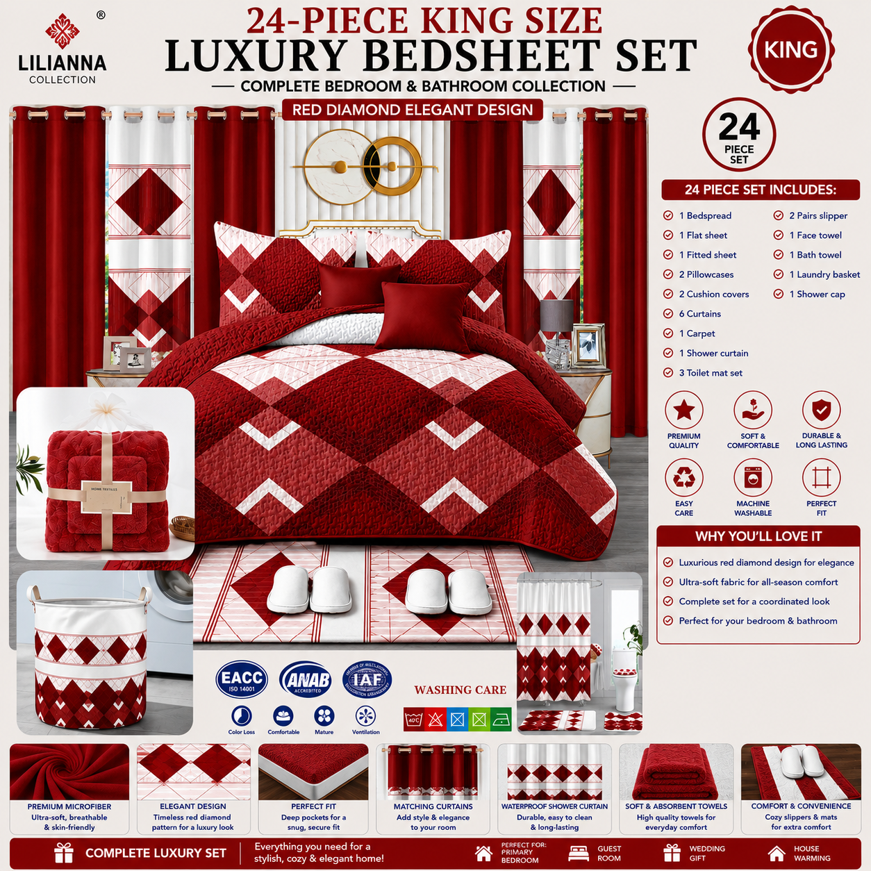 Ensemble de Literie de Luxe King 24 Pièces Rouge Motif Diamant avec Rideaux et Accessoires de Salle de Bain