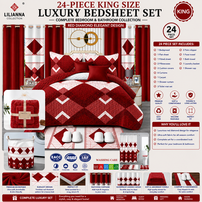 Ensemble de Literie de Luxe King 24 Pièces Rouge Motif Diamant avec Rideaux et Accessoires de Salle de Bain