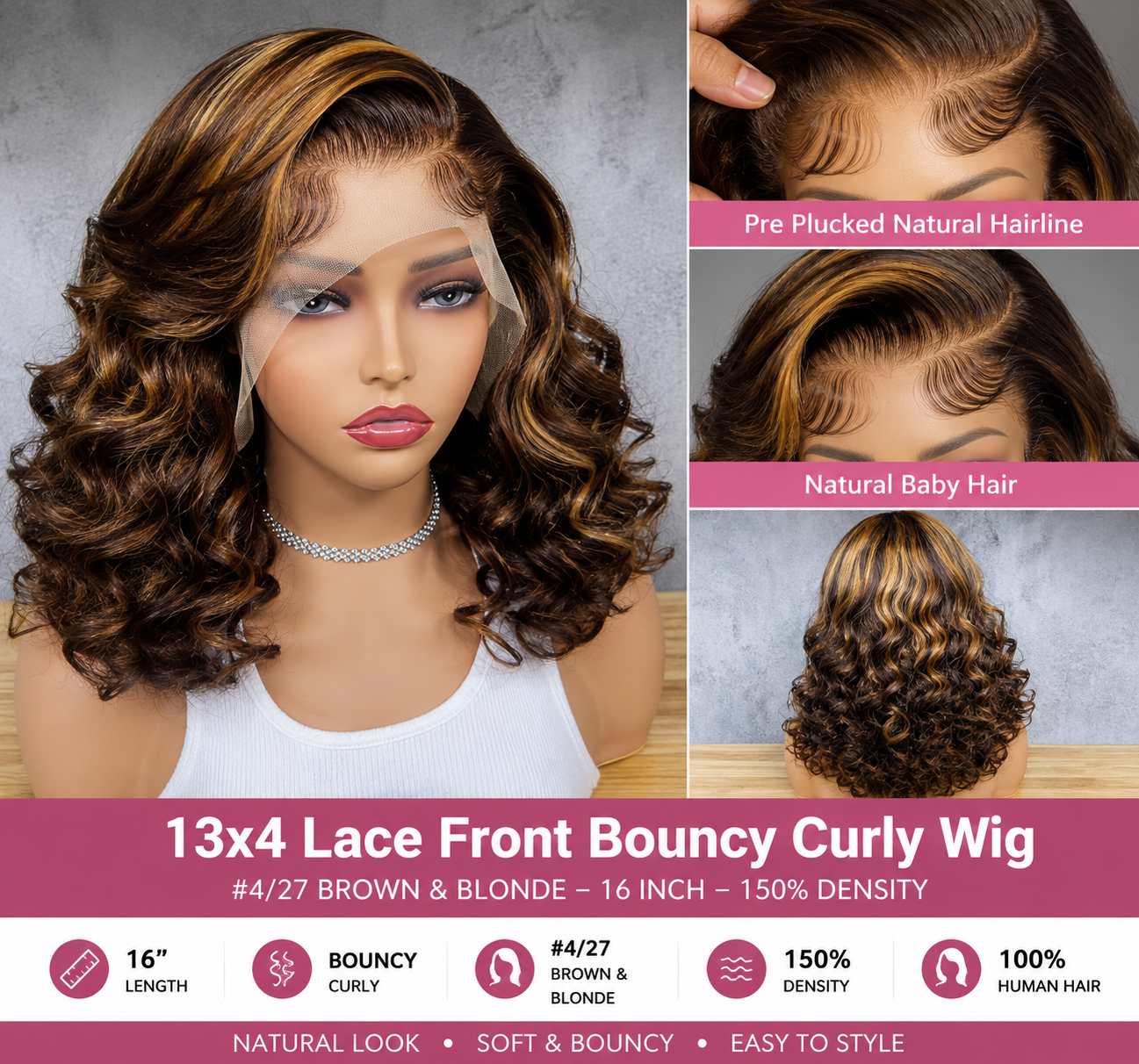 13×4 Lace Front Human Hair Wig – 16″ Bouncy Curly – #4/27 Brown & Blonde – 150% Density Clessenza Beauty Store