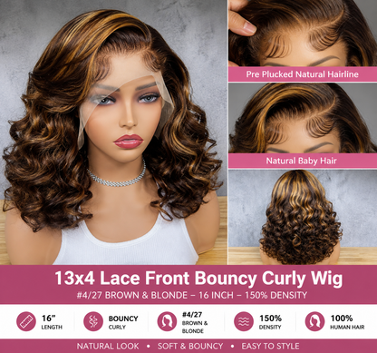 13×4 Lace Front Human Hair Wig – 16″ Bouncy Curly – #4/27 Brown & Blonde – 150% Density Clessenza Beauty Store