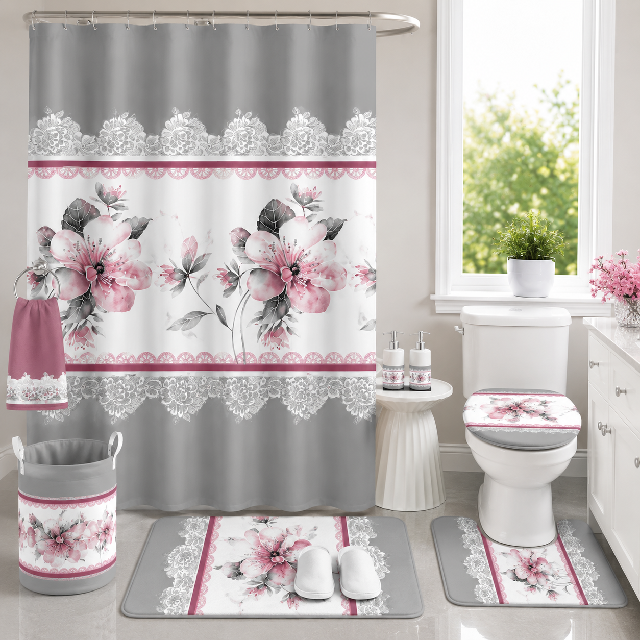 Ensemble de Literie Luxe Floral Rose et Gris 24 Pièces King avec Rideaux et Accessoires de Salle de Bain