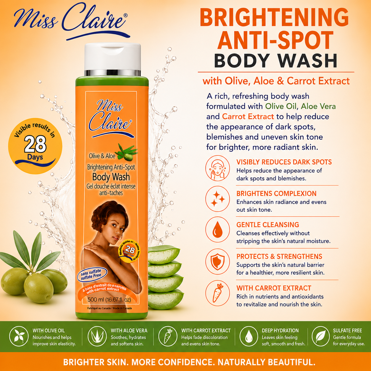 Miss Claire – Gel Douche Éclaircissant Anti-Taches Olive & Aloe, 500 mL