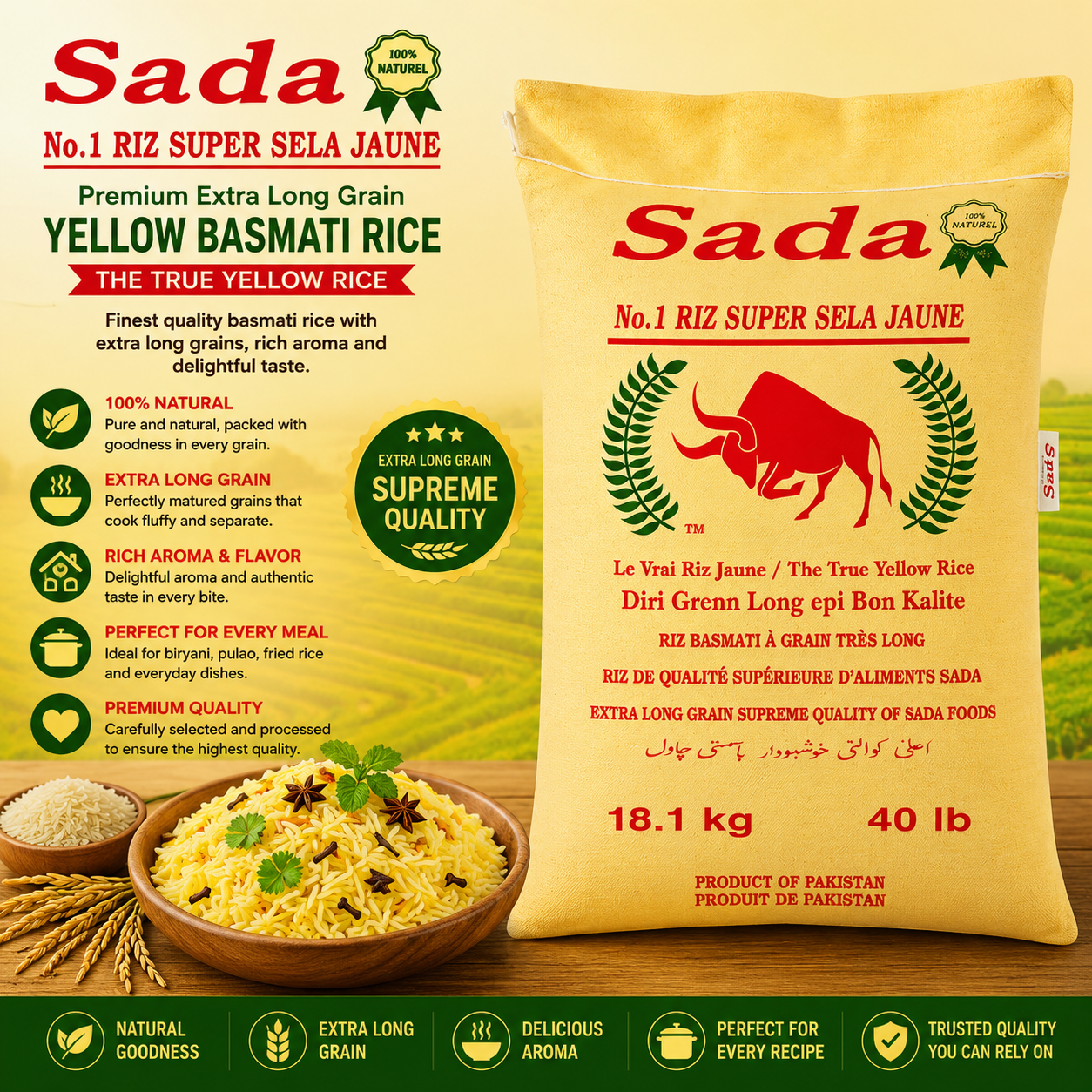 Sada – Riz Basmati Jaune Super Sela No.1, 40 lb