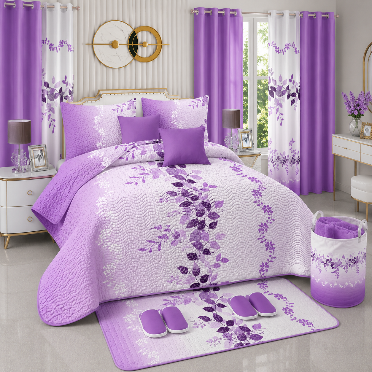 Ensemble de Literie Luxe Floral Violet 24 Pièces King avec Rideaux et Accessoires de Salle de Bain