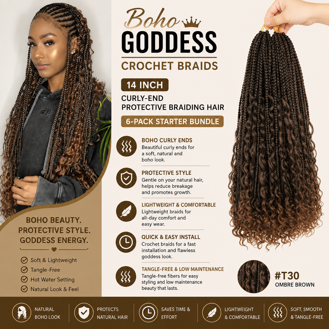 Boho Goddess Crochet Braids 14″ – Curly-End Protective Braiding Hair, #T30 Ombre Brown | 6-Pack Starter Bundle Clessenza Beauty Store