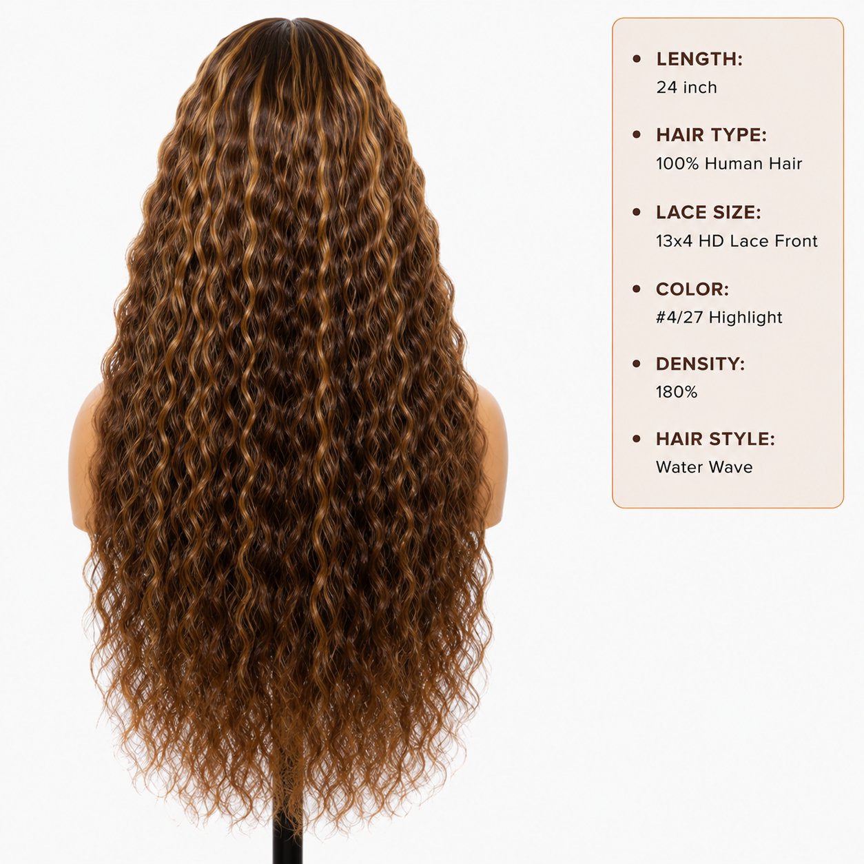 Water Wave 13x4 HD Lace Front Human Hair Wig 24″ – #4/27 Highlight, 180% Density Clessenza Beauty Store