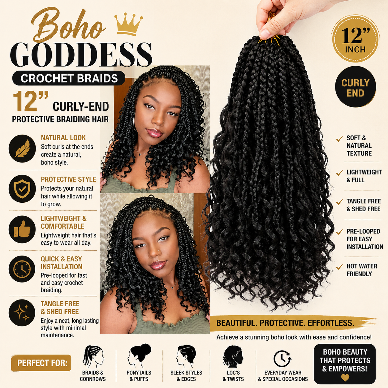 Boho Goddess Crochet Braids 12″ – Curly-End Protective Braiding Hair