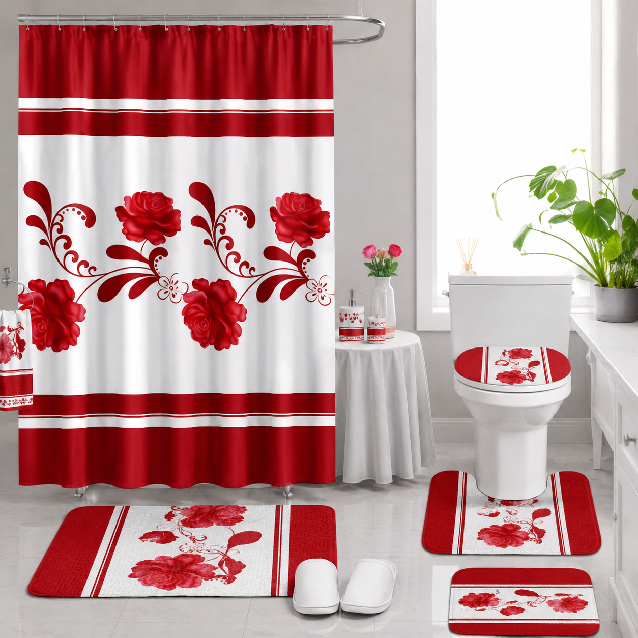Ensemble de Literie Luxe Floral Rouge 24 Pièces King avec Rideaux et Accessoires de Salle de Bain