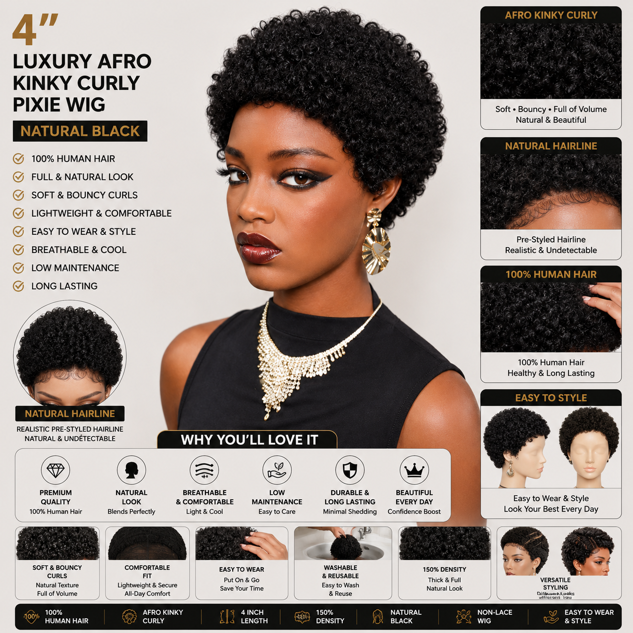 Perruque Pixie Courte Luxe Afro Kinky Bouclée en Cheveux Humains – 4 po Sans Lace, Noir Naturel, Densité 150 %