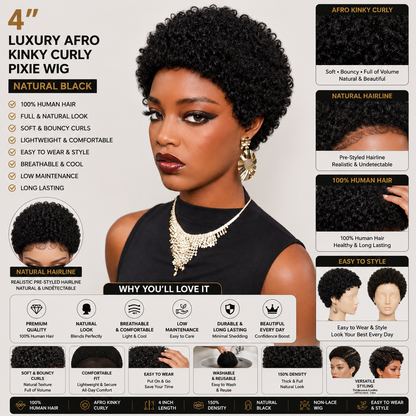 Perruque Pixie Courte Luxe Afro Kinky Bouclée en Cheveux Humains – 4 po Sans Lace, Noir Naturel, Densité 150 %